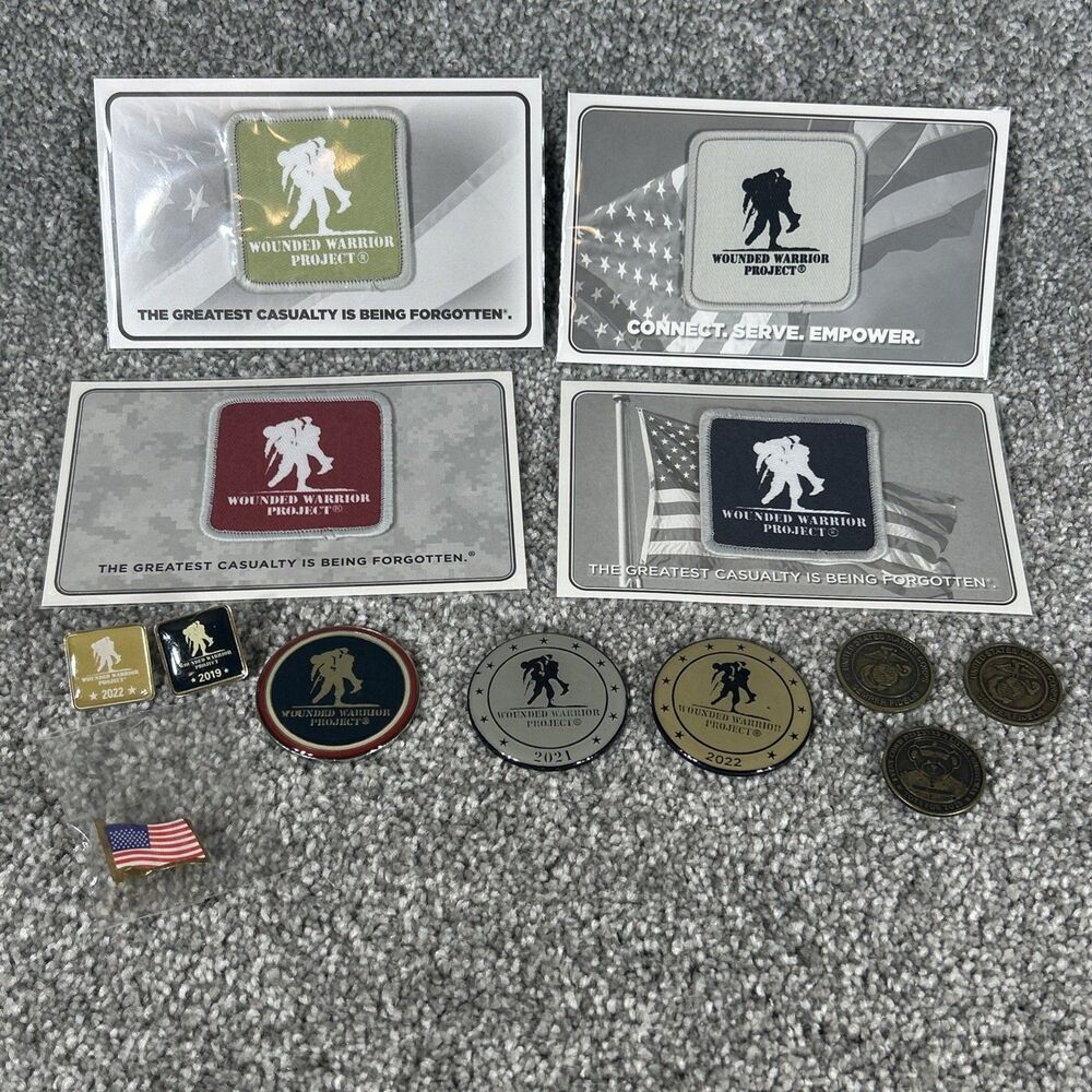Lot 13 US Military Veteran Pinbacks Pins Patches Coins Wounded Warrior Marines